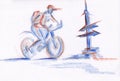Stylized sketch with biker near the road landmark in red and blue colors