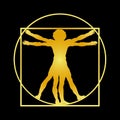 Stylized sketch of the Vitruvian man, black background