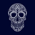 The stylized skull is drawn by a white line from the ornament on a blue background