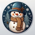 Stylized snowman, illustration. Cartoon style. Vintage style sticker. Winter, New Year. Christmas.
