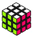 Stylized solved cube with white green and pink surfaces