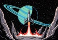 A stylized space scene featuring a silver rocket launching from a rocky, alien-like terrain. The Royalty Free Stock Photo