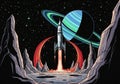 A stylized space scene featuring a sleek silver rocket launching from a cratered surface amidst Royalty Free Stock Photo