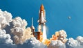 stylized space shuttle rocket launch with massive smoke clouds and moon in blue sky Royalty Free Stock Photo