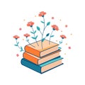 Stylized Stack of Books with Flowers Growing Out of Them on a White Background Royalty Free Stock Photo