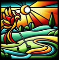 Stylized Stained Glass Window with Golfing Bird Royalty Free Stock Photo