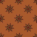 Stylized star anise seamless pattern. Brown elements on orange background.