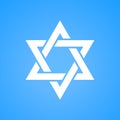 Stylized Star of David white color on blue background. Tanah Hexagram symbol of Israel judaism.