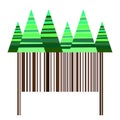 Stylized striped coniferous trees over brown barcode making trunks