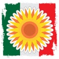 Stylized sun disk with sharp rays on the background of the Mexican flag