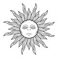 Stylized sun with face hand drawn in black ink outline, traditional ethnic Slavic symbol for Shrovetide or Maslenitsa