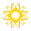 Stylized sun logo. Beautiful design yellow sun on grey. Bright sun rays sunburst sunbeams as summer symbol. Vintage Royalty Free Stock Photo