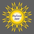 Stylized sun logo. Beautiful vector design yellow sun on grey. Bright sun rays sunburst sunbeams as summer symbol Royalty Free Stock Photo