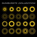 Stylized sun shapes collection. Set of vintage light explosion, burst, sunrise, sunburst, firework on black. Vector