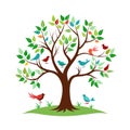 Stylized Tree with Colorful Birds Perched and Flying Around in a Flat Vector Design Royalty Free Stock Photo