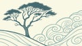 Stylized Tree and Wavy Landscape in Minimalist Art, vector design Generative AI Royalty Free Stock Photo