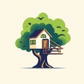 stylized treehouse illustration with a large green tree on a plain background