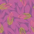 Stylized tulips on a dark background. Multi-color vector seamless pattern.