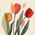 Stylized Tulips Illustration in Warm Tones on Beige Background, Artistic rendition of blooming tulips with a vintage feel.