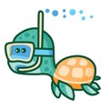 Stylized turtle swims underwater in a mask and with a snorkel in his mouth, cartoon illustration, isolated object on a white