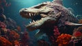 Stylized Underwater Giant Lizard - Detailed 2d Game Art