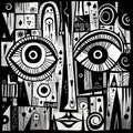 Stylized Urban Art: A Black And White Drawing Of Faces And Abstract Art Royalty Free Stock Photo