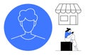 Stylized User Profile, Small Business Storefront, and Woman Using Smartphone - Modern Representation Royalty Free Stock Photo