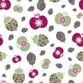 Stylized vector acorn, apples, oak leaves seamless pattern background. Elegant burgundy, green, white backdrop of Royalty Free Stock Photo