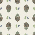 Stylized vector acorn and oak leaves seamless pattern background. Backdrop of elegant hand drawn forest nuts in Jacobean Royalty Free Stock Photo