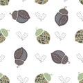 Stylized vector acorn and oak leaves seamless pattern background. Backdrop of elegant hand drawn forest nuts in Jacobean Royalty Free Stock Photo