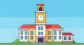 Bright cartoon illustration of a university building with a clock tower against a clear blue sky Royalty Free Stock Photo
