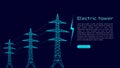 Stylized vector blue electric tower, electricity concept, power transmission, urbanization. On a dark blue background. Design