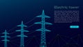 Stylized vector blue electric tower, electricity concept, power transmission, urbanization. On a dark blue background. Design