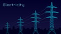 Stylized vector blue electric tower, electricity concept, power transmission, urbanization