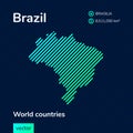 Stylized vector flat map of Brazil in neon green colors on striped dark blue background.