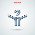 Stylized vector icon illustrates decision-making. Central question mark over two diverging arrows Royalty Free Stock Photo