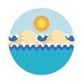 Stylized vector illustration of sea with waves, with sandy islands under the sky with shining tropical sun