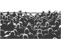 Stylized vector illustration of seated sports stadium audience in black and white