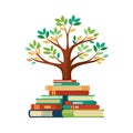 Stylized vector illustration of a tree with leaves growing from a stack of colorful books Royalty Free Stock Photo