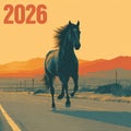 Stylized Vector of Running Horse with 2026 Typography and Sunset Landscape Royalty Free Stock Photo