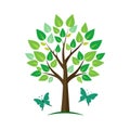 Stylized vector tree with green leaves and two butterflies over a white background Royalty Free Stock Photo