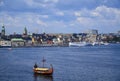 Stylized Viking ship Drakkar on the Stockholm background, Sweden Royalty Free Stock Photo