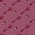 Stylized vintage seamless pattern with doodle keys figures. Dark pink background. Secret symbols artwork