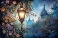 Stylized watercolor painting of vintage street lamp on the background of the old city. Night scenery. Generative ai Royalty Free Stock Photo