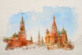 Watercolor sketch painting of Moscow Kremlin and St Basil`s Cathedral Royalty Free Stock Photo