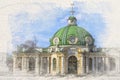 Grotto in Kuskovo, watercolor sketch painting