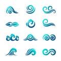 Stylized wave logo. Ocean and sea water graphics flowing wave swimming vector symbols collection