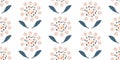 Stylized wild meadow flowers vector border. Banner with mosaic style orange, blue, gray yellow florals on white backdrop Royalty Free Stock Photo