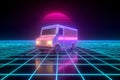 Retro-futuristic delivery van driving on a neon grid under a synthwave sunset created as an AI-generated image Royalty Free Stock Photo
