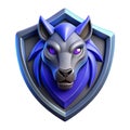 Stylized wolf head emblem on shield with vibrant blue fur and purple eyes Royalty Free Stock Photo